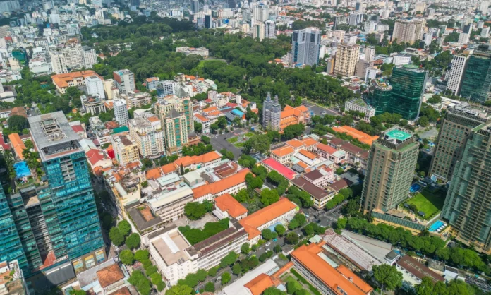 Aerial view of urban cityscape.